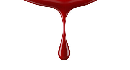 Single drop of vibrant red liquid falling from a viscous stream.
