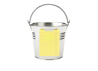 A shiny metal bucket with a yellow sticky note attached, isolated on transparent background