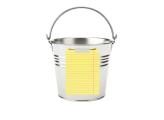 A shiny metal bucket with a yellow sticky note attached, isolated on transparent background