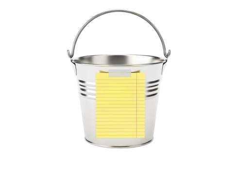 A shiny metal bucket with a yellow sticky note attached, isolated on transparent background