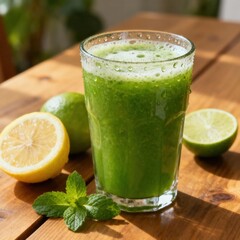 Fototapeta premium Refreshing cold green beverage sits on wooden surface with fresh citrus fruits and herb garnish