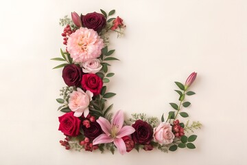Various pink and red flowers beautifully form the elegant letter L. This stunning natural floral design features roses, a lily, and green leaves.