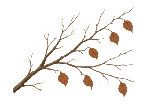 Bare tree branch with brown autumn leaves, isolated on a transparent background, depicting fall season change