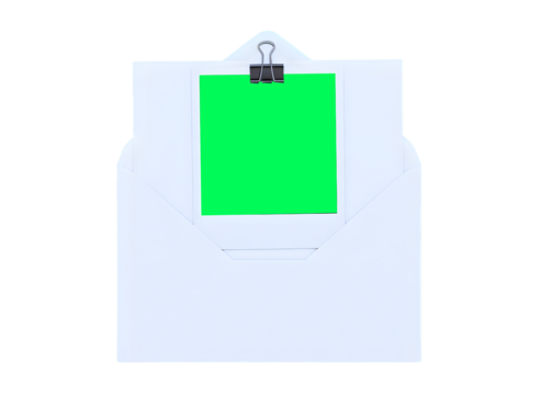 White envelope with a green square paper clipped inside, isolated on transparent background