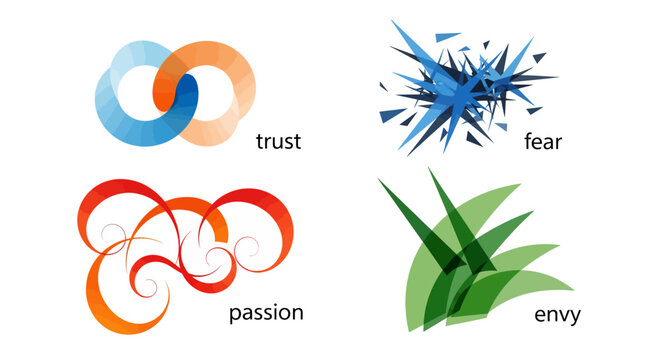 Four abstract graphic symbols representing the human emotions of trust, fear, passion, and envy.