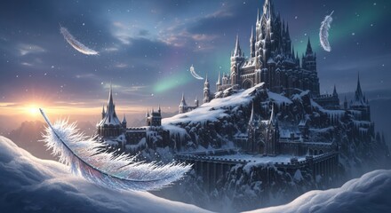 Snowy citadel dreamscape with ethereal feathers and aurora lights in winter fantasy atmosphere