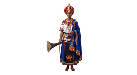 Traditional African King in Regal Attire Holding a Ceremonial Axe.
