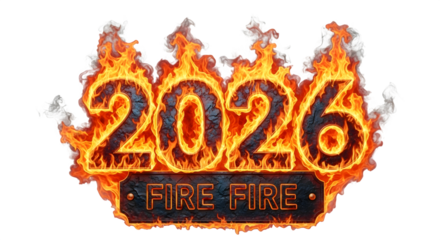 Fiery 2026 text with flames and smoke on transparent background