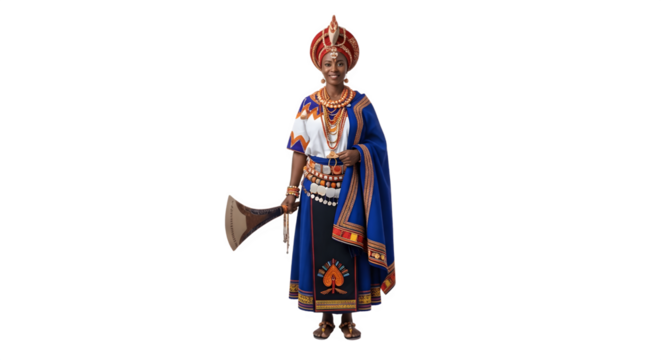 Traditional African King in Regal Attire Holding a Ceremonial Axe.