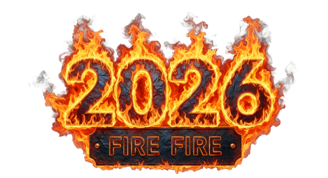 Fiery 2026 text with flames and smoke on transparent background - Powered by Adobe