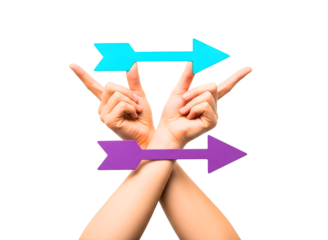 Two hands with arrows pointing in opposite directions isolated on transparent background