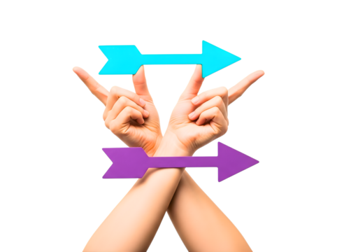 Two hands with arrows pointing in opposite directions isolated on transparent background