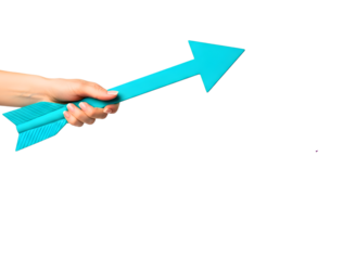 Hand holding a turquoise arrow isolated on transparent background