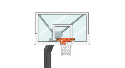 A basketball hoop with a transparent backboard orange rim and white net is attached to a gray post © Rohim
