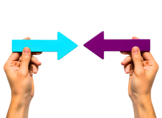 Two hands holding opposite direction arrows isolated on transparent background