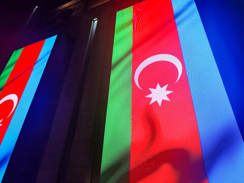 Azerbaijan flag on display . Azerbaijani national flag - Powered by Adobe