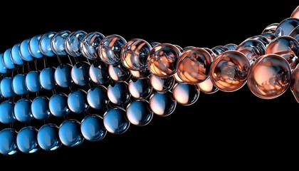 Neon glass spiral line of transparent round balls with blue brown gradient on black background. Abstract curve wave pattern. Futuristic DNA structure for science and technology design. 3D illustration