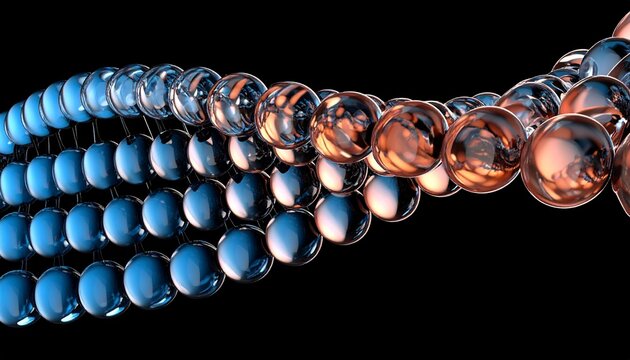Neon glass spiral line of transparent round balls with blue brown gradient on black background. Abstract curve wave pattern. Futuristic DNA structure for science and technology design. 3D illustration
