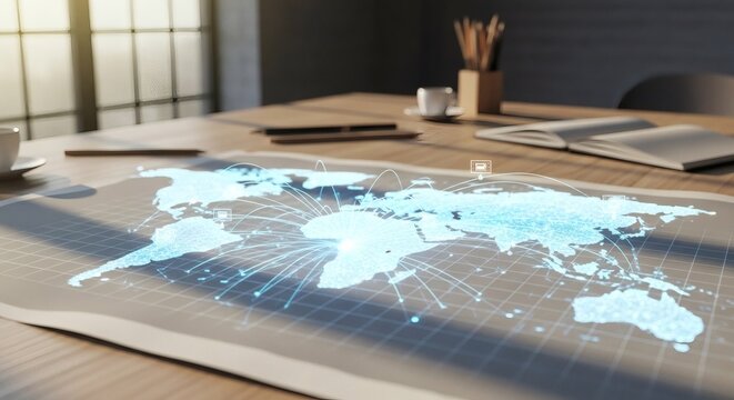 Global Network Connection Concept World Map on Office Desk