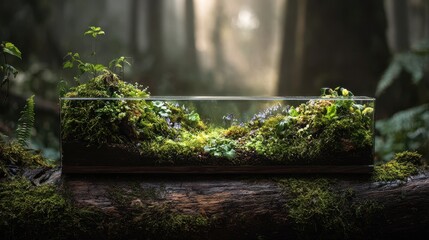 Miniature Ecosystem - Glass Terrarium with Lush Green Moss and Forest Backdrop.