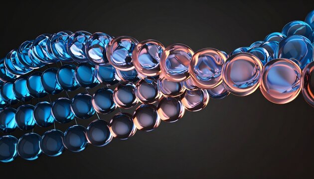 Neon glass spiral line of transparent round balls with blue brown gradient on black background. Abstract curve wave pattern. Futuristic DNA structure for science and technology design. 3D illustration - Powered by Adobe