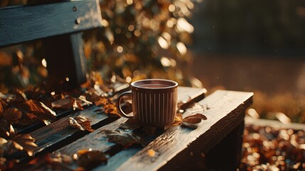 Autumnal Still Life - Warm Drink on Wooden Bench Amidst Fallen Leaves.