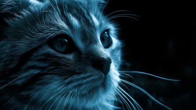 Close up of a blue cat face against a black background