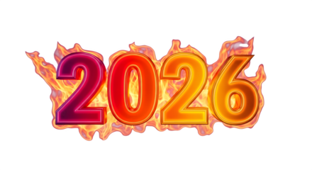 Year 2026 engulfed in vibrant red and orange flames dynamic effect