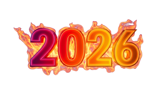Year 2026 engulfed in vibrant red and orange flames dynamic effect