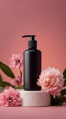 Elegant Black Dispenser Bottle Amidst Soft Pink Peonies and Lush Green Leaves.