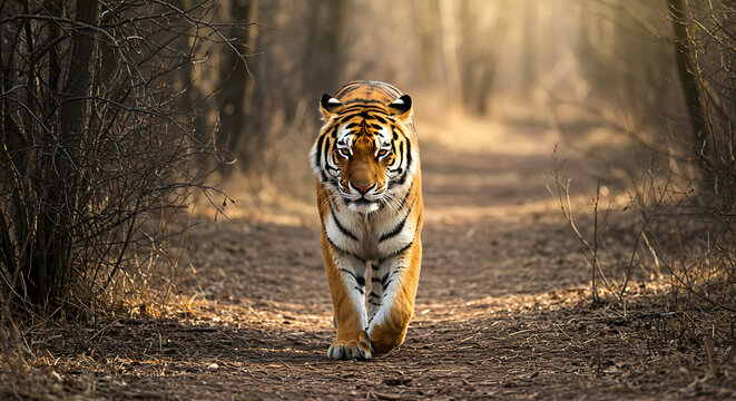 Majestic tiger walks directly towards the viewer on a forest path, illuminated by sunlight. - Powered by Adobe