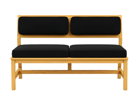 Modern wooden loveseat with black cushions isolated on transparent background