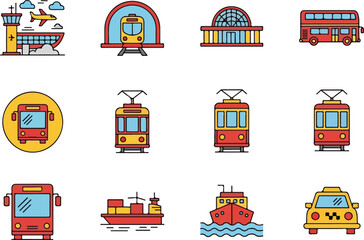 Naklejka premium Collection of various transportation icons representing different modes of travel and transit.