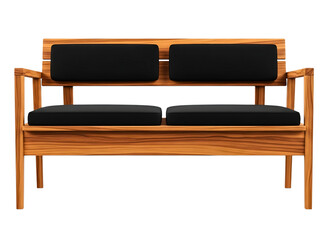 Modern wooden loveseat with black cushions, isolated on transparent background