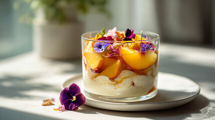 A vibrant dessert featuring peaches and edible flowers, elegantly presented in a glass dish on a sunny table.