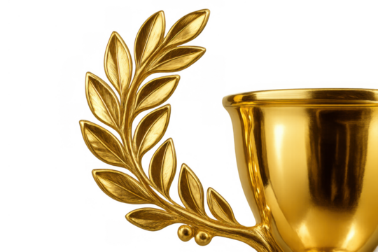Golden trophy cup with laurel wreath presenting success, victory, award, prize, and championship on transparent background