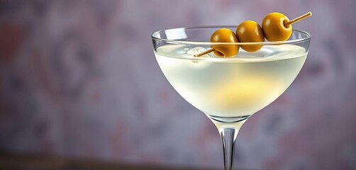 Classic dry martini garnished with three green olives,  cocktail glass,  barware