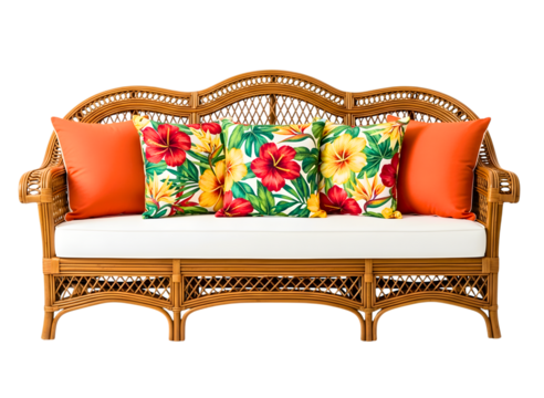 Wicker sofa with tropical floral pillows isolated on transparent background