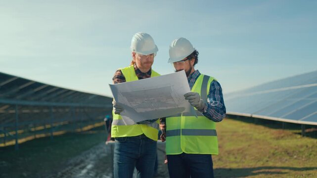 Engineers review plans for solar panel installation at site with cutting-edge technology