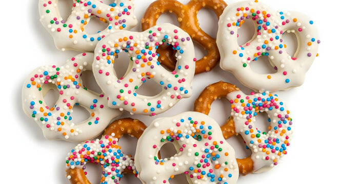 White chocolate covered pretzels with colorful sprinkles