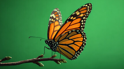 A vibrant monarch butterfly resting on a branch against a solid green background, showcasing its intricate patterns.