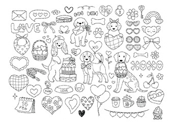Valentine Dogs Collection Outline Vector, Groovy Valentine Dogs Line Art Doodle, Kawaii Puppy Coloring Page Hand Drawn Design