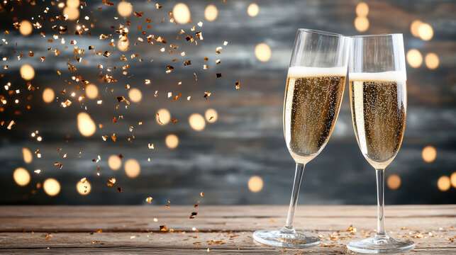 Two champagne flutes clinking with falling gold confetti and warm festive bokeh lights