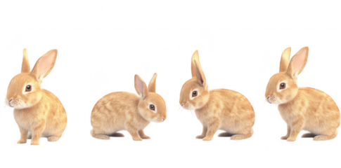 A charming lineup of four fluffy brown rabbits their adorable features against a clean white background. perfect for nature-themed projects or childrens media