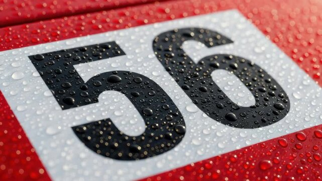 Macro detail of the number fifty six on a wet red surface. Racing car number decal covered in fresh rain drops. Automotive sports background with a focus on texture and detail