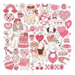 Valentine Dogs Collection Vector, Groovy Valentine Dogs Doodle, Kawaii Puppy and Hearts Hand Drawn Design Vector