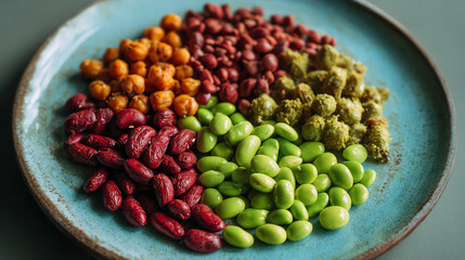 A vibrant platter showcasing an assortment of colorful beans, highlighting natural food variety and nutrition.