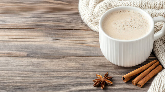 Cozy chai latte in white mug with cinnamon stick and star anise on wooden table, warm texture