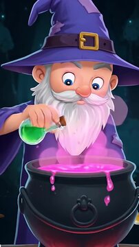 Wizard Brewing Potion In Magical Forest at Night