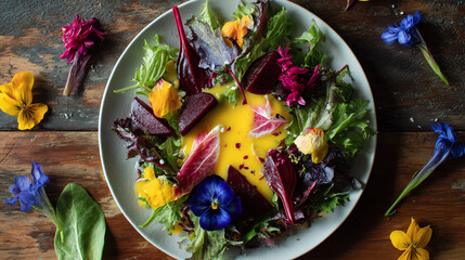 A vibrant salad showcasing fresh greens, edible flowers, and colorful toppings on a rustic wooden table.